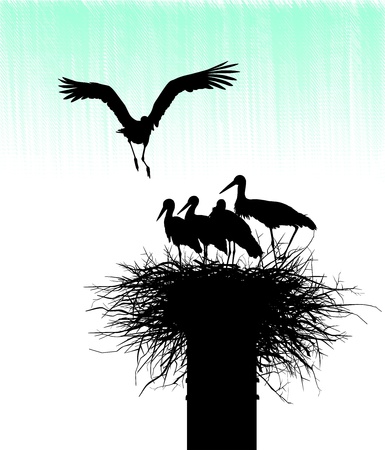 Silhouettes of storks in the nest on sky backgroundのイラスト素材