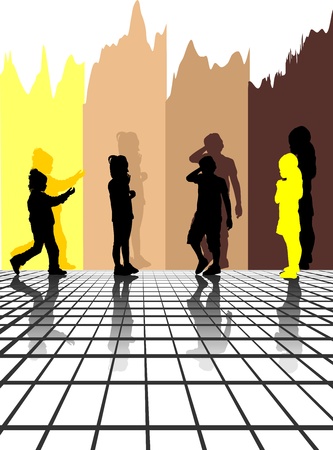 Silhouettes of children on color strips, illustrationのイラスト素材