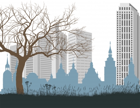 vector illustration of the contrast between the old and new city with natureのイラスト素材