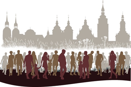 illustration of the friends before the panorama of historical cityのイラスト素材