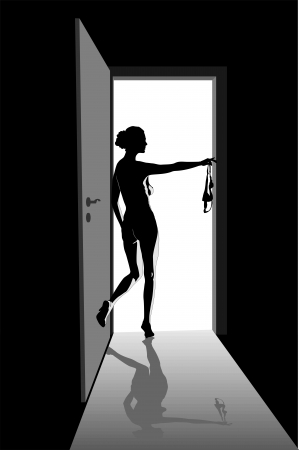 Naked girl in open doors and panties with in handのイラスト素材