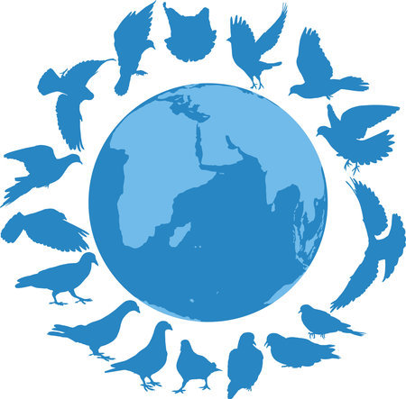 illustration of pigeons flying around the globeのイラスト素材