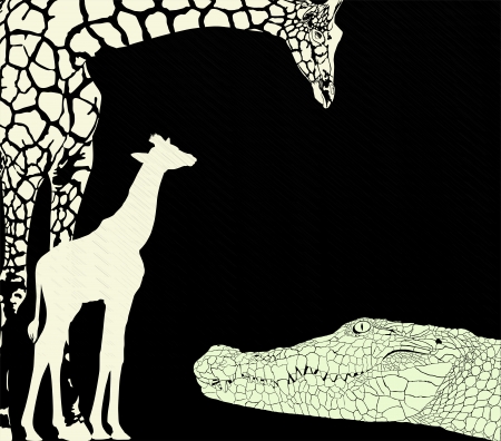 vector illustration of crocodile and giraffes on a black backgroundのイラスト素材