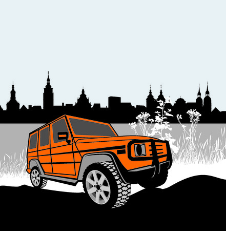 illustration offroad car in front of the historic city のイラスト素材