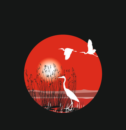 A circular piece of landscape with reeds and-flying Heronsのイラスト素材