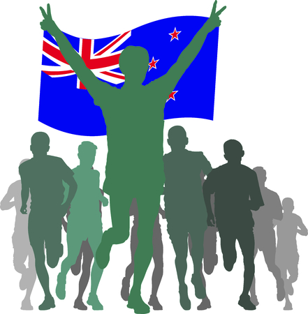 silhouettes of athletes, runners at the finish, winner holding New Zealand flag overheadのイラスト素材