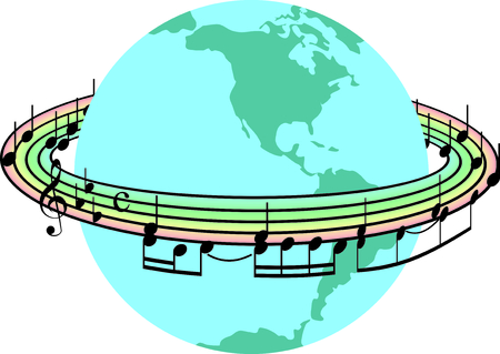 iIlustration rainbow with musical notes around the planet earthのイラスト素材