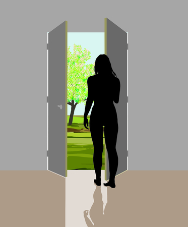 vector illustration  woman looks at cherry blooming in the gardenのイラスト素材