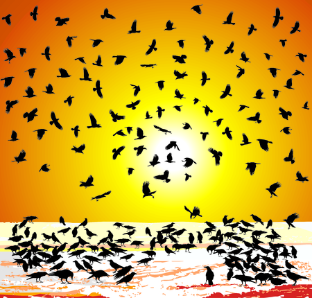 vector illustration crows in winter at sunsetのイラスト素材