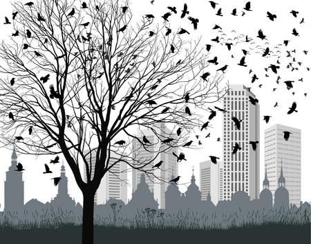 vector illustration flock of ravens, tree without leaves and the old and new cityのイラスト素材