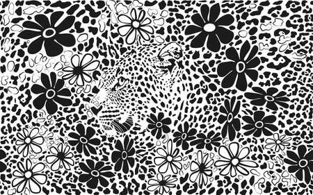 Black and white drawing of leopard camouflage background, leopard head and flowersのイラスト素材