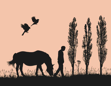 vector drawing of a landscape with a man on a nature trip with a horseのイラスト素材