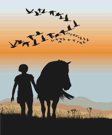 black and white vector silhouette of woman and horse in natureのイラスト素材
