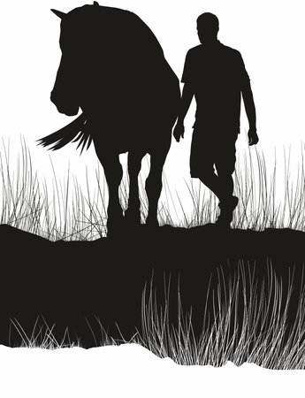 illustration of a black and white background with a Man and a horse in tall grassのイラスト素材