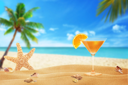 cocktail, starfish and shells on the beachの写真素材