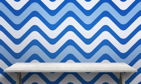 Blue ornament wallpaper wall texture in background. White table with legs and free space.