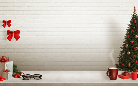 Christmas scene with tree and decorations, lights, ornaments, balls, gifts. Free space on wall for Christmas card text.の写真素材