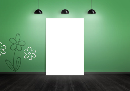 Isolated art canvas in gallery space for mockup. Green wall with flower wallpaper and black wooden floor.の写真素材
