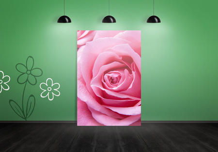 Flower on art canvas in gallery space. Green wall with flower wallpaper and black wooden floor.の写真素材
