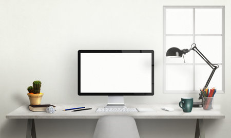 Isolated computer display for mockup. Office interior with window, lamp, plant, keyboard, mouse,...