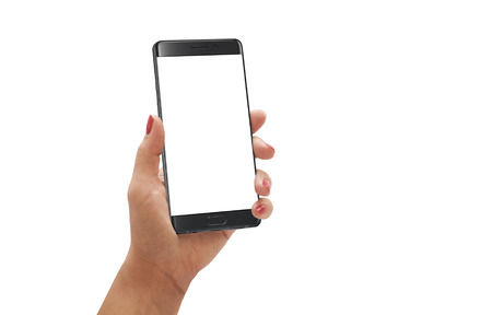 Woman hold modern smartphone with curved edge with white screen for mockup. Isolated background.の写真素材