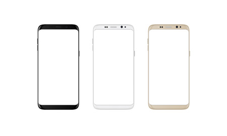 Modern smart phone with round edges in black, silver and gold color. White screen for mockup, isolated.の写真素材