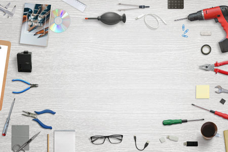 Desk for fix, repair, maintenance electronic devices. Top view with free space for text. Tools...