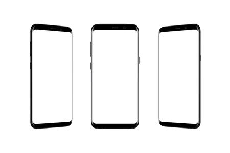 Isolated smart phone in three position. Modern black mobile with thin rounded edges.の写真素材