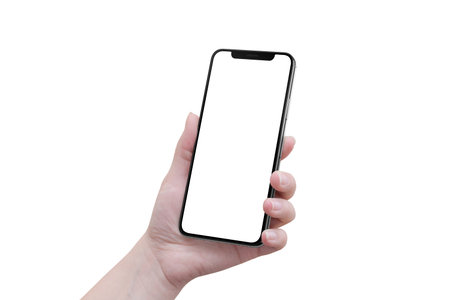 Isolated woman hand with modern smartphone with blank x curved screen.