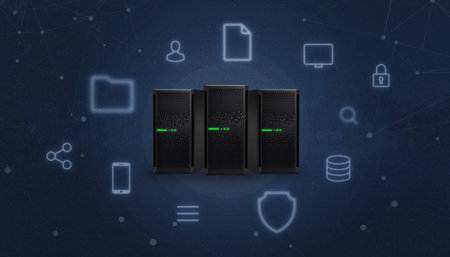 Web hosting servers surrounded with online services icons. Abstract background with network threads.