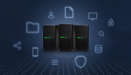 Storage, cloud, server station surrounded with concept internet services icons. Network threads in...
