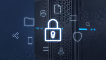 Padlock icon front of the server, surrounded with online services icons. Concept of data protectiob,...