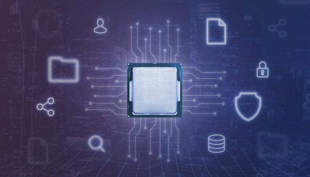 Central process unit CPU and electronic circuit surrounded with online services icon. Concept of...