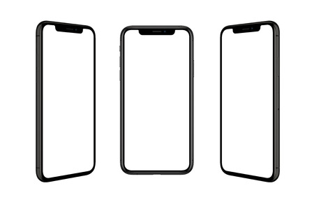Black smart phone isolated in three positions. Isolated screen for mockup. Render for app design promotion.の写真素材