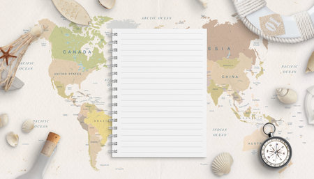 Clean note pad sheet mockup on world map surrounded with sea things. Concept of making a travel...