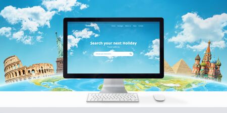 Travel destination online concept. Web site with search app and famous world sights behind the globe in the background.の写真素材
