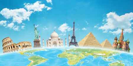 World attractions behind the globe. Travel concept.の写真素材