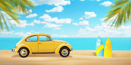 Yellow car on the beach. Surfboards beside and palm trees. Sea in the background.