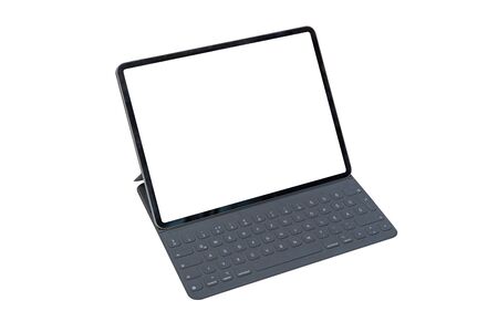 Tablet with keyboard isolated. Isolated screen for mockup. Isometric position.の写真素材