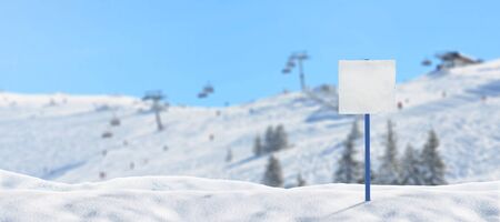 Blank ski signost on ski resort mockup. Ski lifts and slopes in backgroundの写真素材