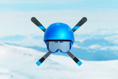 Blue ski helmet with glasses and skis crossed. Concept of extreme alpine sport. Mountain peaks in backgroundの写真素材
