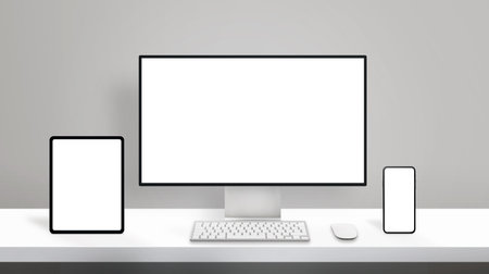 Responsive design on modern different display devices mockup. Computer display, tablet and smart...