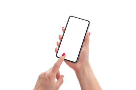 Phone mockup in woman hands. Background and phone display isolated in white. Modern smart pgone with round edgesの写真素材