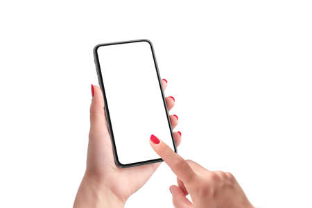 Phone mockup in woman hands. Isolated screen and background. Right hand touch phone display concept. Close-upの写真素材