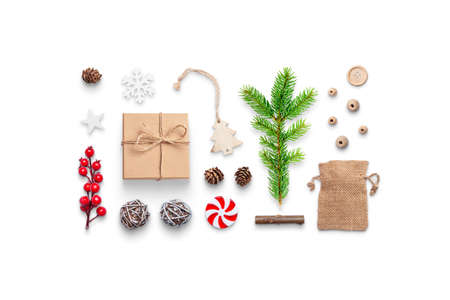 Christmas gift and decorations isolated with shadows. Concept of preparing gifts and decorations for the Christmas and New Yearの写真素材
