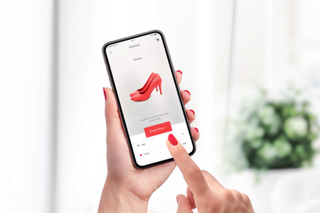 Woman buy red shoes online with e-commerce app or web site with smart phone. Modern flat design...
