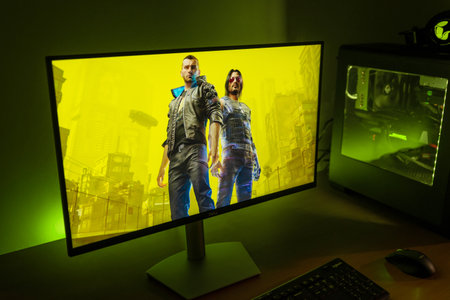 Sarajevo, Bosnia and Herzegovina - December 9, 2020: Cyberpunk 2077 action role-playing video game developed and published by CD Projekt cover on computer display.のeditorial素材