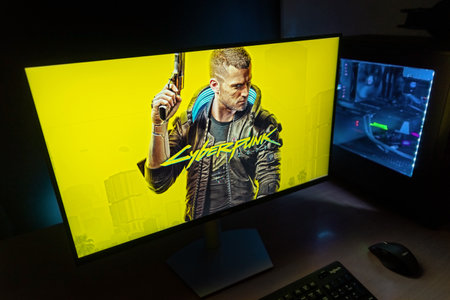 Sarajevo, Bosnia and Herzegovina - December 9, 2020: Cyberpunk 2077 action role-playing video game cover on computer display developed and published by CD Projekt.のeditorial素材