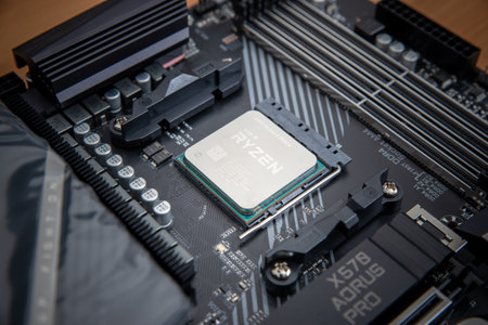 Sarajevo, Bosnia and Herzegovina - December 29, 2020: New fifth-generation Ryzen 5900x processor in the motherboard socketのeditorial素材