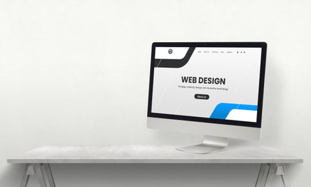 Web design studio desk with computer display and promo web page on it. Development team promotion conceptの写真素材